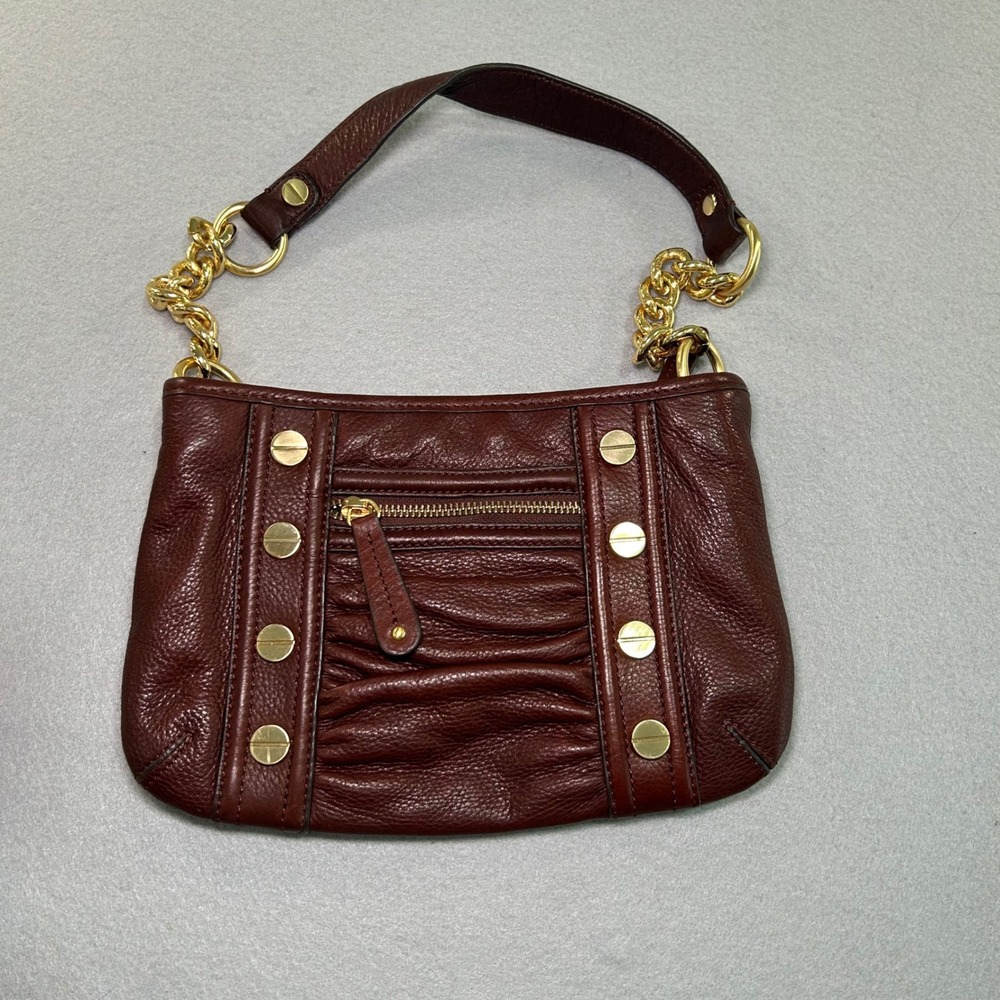 B. Makowsky Shoulder Bag Womens Small Brown Leather Ruched Gold Chain Studs‎